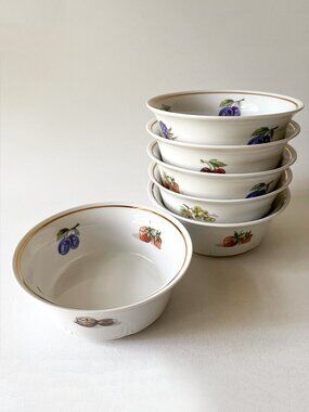 6 Fruits Nuts Gold Trim Dessert Bowls GDR Germany Graf von Henneberg JL Menau